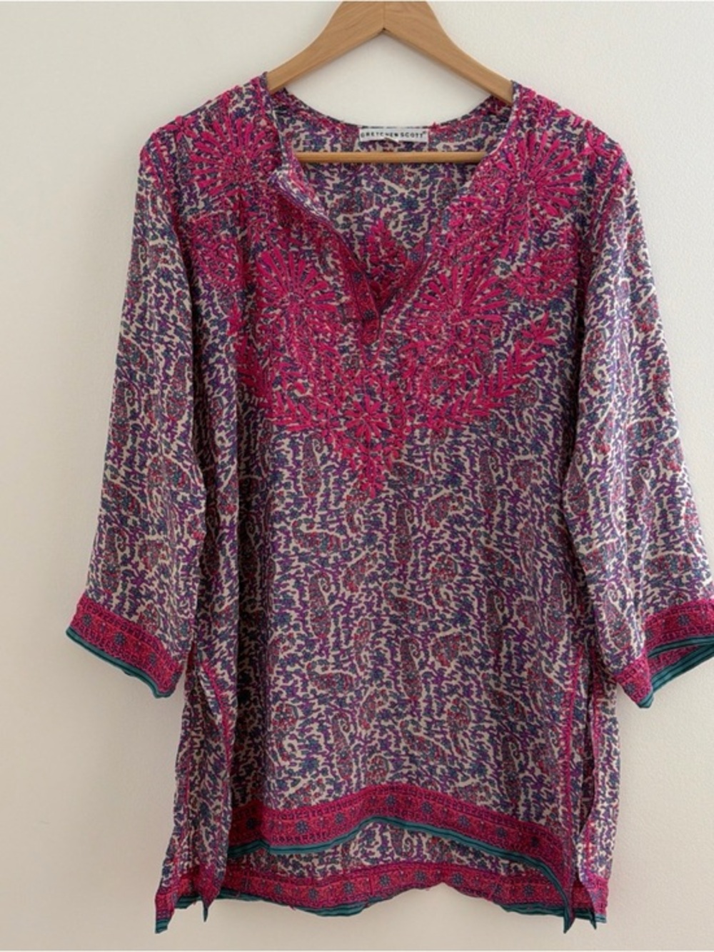 Gretchen Scott Embroidered Bohemian Tunic Coverup Silk Feel Medium Pink Purple